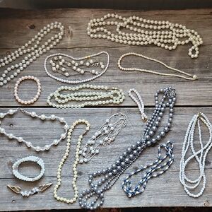 Large Bundle Lot Costume Pearl Necklaces Bracelets